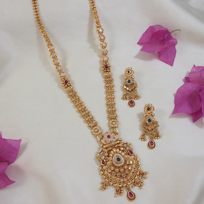 Traditional Gold-Toned Long Brass Necklace Set with Intricate Filigree and Kundan Embellishments
