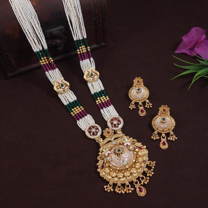 Traditional Long Brass Necklace Set with Kundan, Pearl & Beaded Detailing