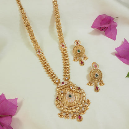 Traditional Gold-Plated Long Brass Necklace Set with Kundan & Pearl Detailing