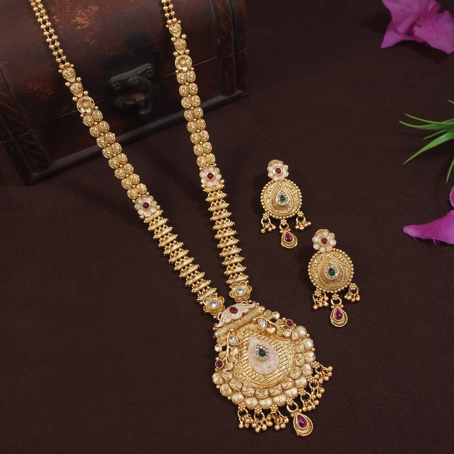 Traditional Gold-Plated Long Brass Necklace Set with Kundan & Pearl Detailing