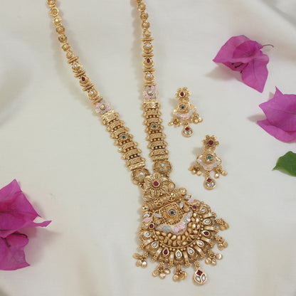 Antique Gold-Plated Temple Jewelry Brass Long Necklace Set with Kundan & Pearl Embellishments ? Traditional Wedding Jewelry for Women