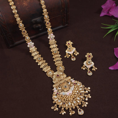 Antique Gold-Plated Temple Jewelry Brass Long Necklace Set with Kundan & Pearl Embellishments ? Traditional Wedding Jewelry for Women