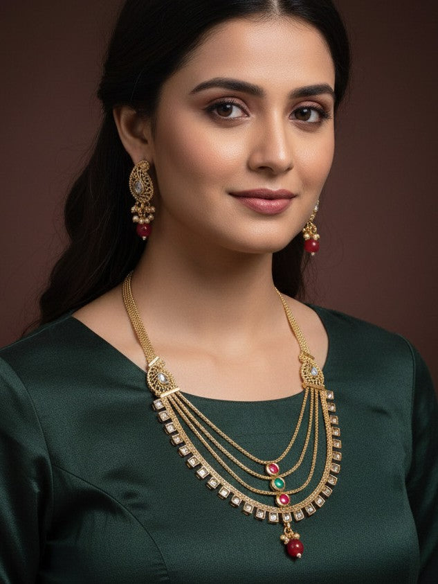 Traditional Gold-Plated Multi-Layer Kundan Necklace Set with Earrings
