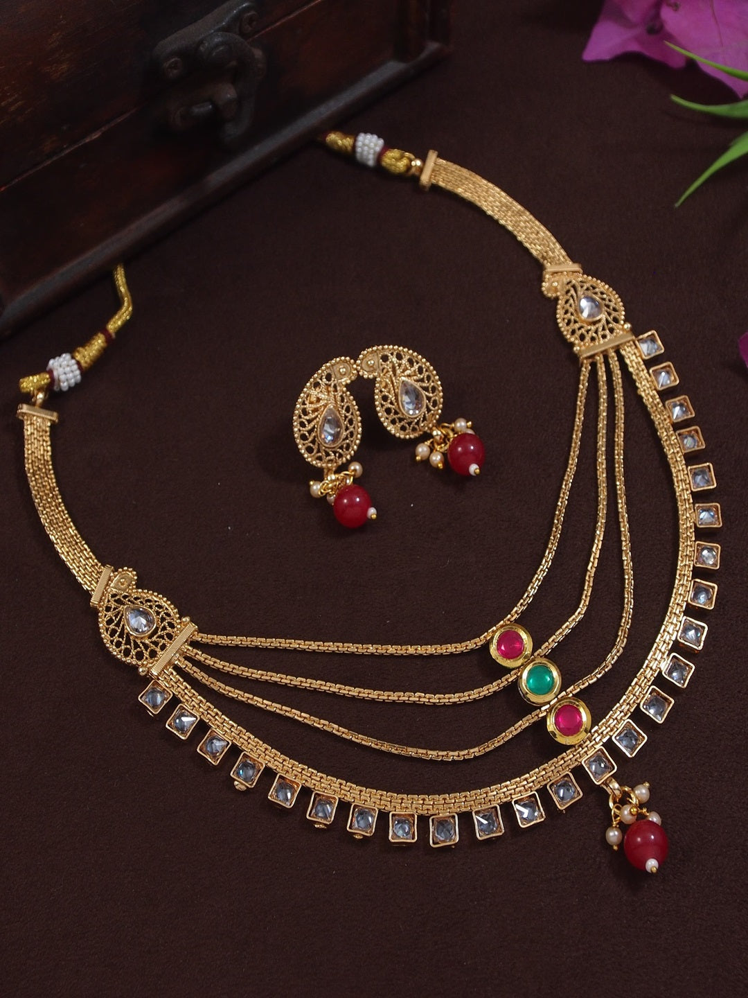 Traditional Gold-Plated Multi-Layer Kundan Necklace Set with Earrings