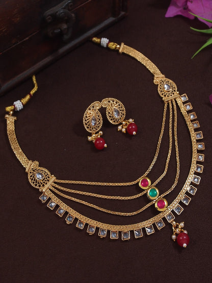 Traditional Gold-Plated Multi-Layer Kundan Necklace Set with Earrings