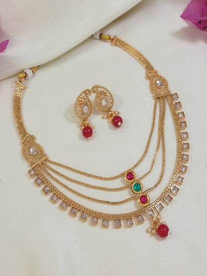 Traditional Gold-Plated Multi-Layer Kundan Necklace Set with Earrings