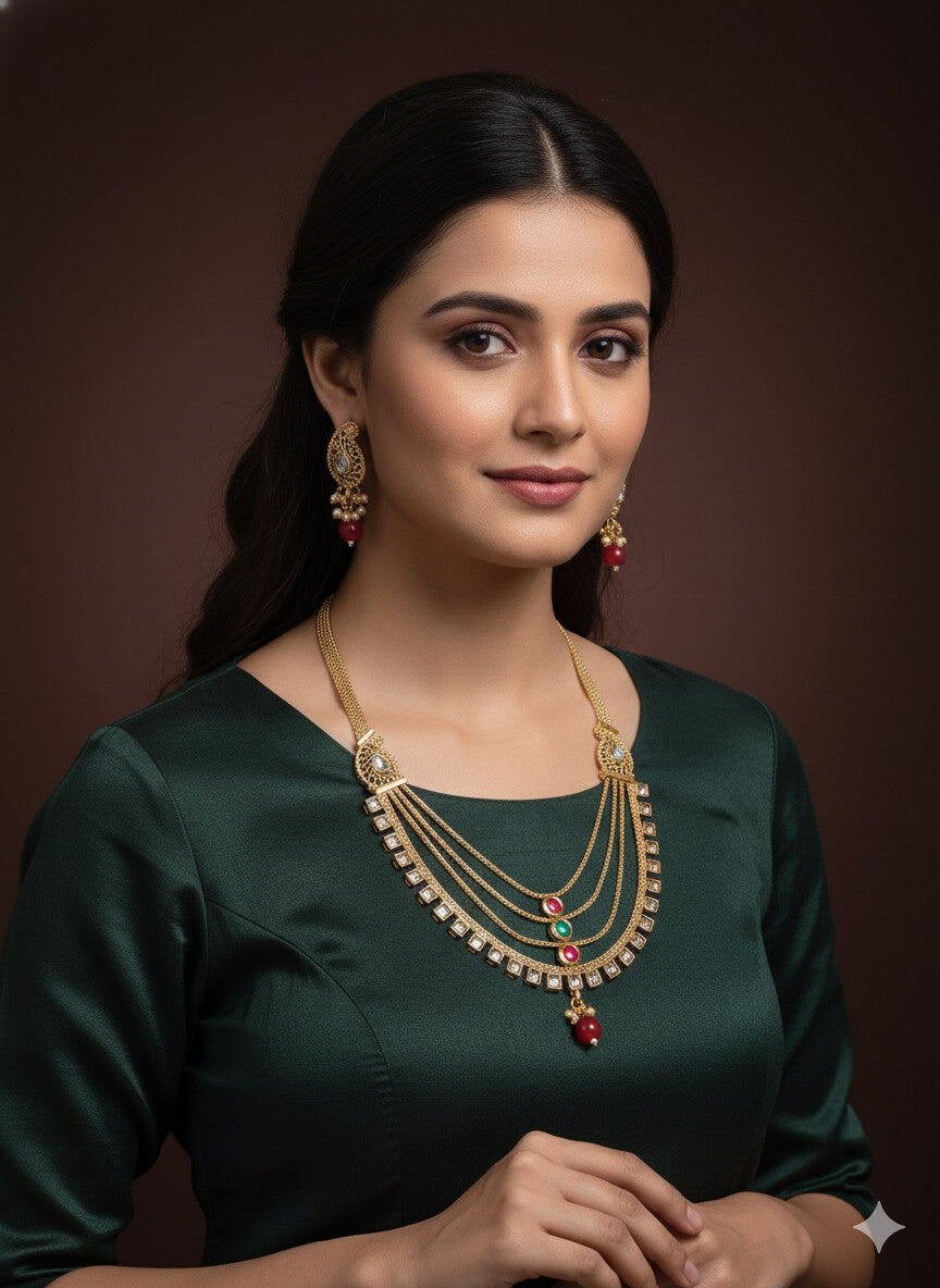 Traditional Gold-Plated Multi-Layer Kundan Necklace Set with Earrings