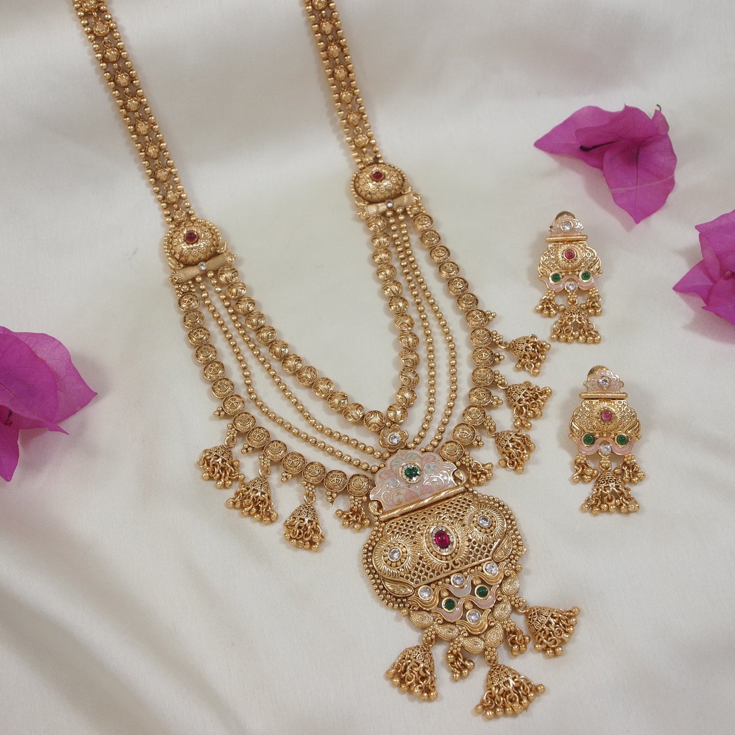 Elegant Brass Long Rani Haar Necklace Set for Women ? Traditional Bridal & Wedding Jewelry with Intricate Design