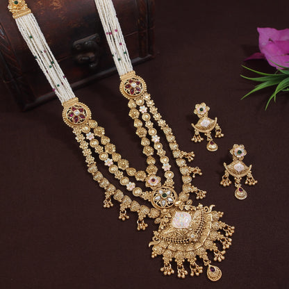 Brass Long Rani Haar Necklace Set with Kundan & Pearl Embellishments ? Traditional Bridal & Festive Jewelry