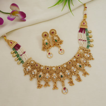 Heritage-Inspired Gold-Plated Brass Necklace Set with Pearl Work & Earrings