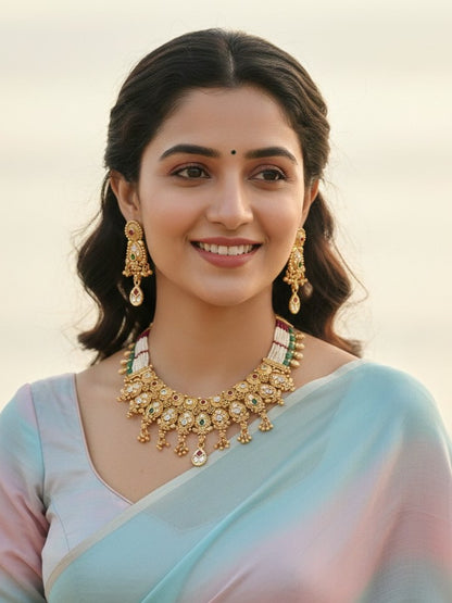 Heritage-Style Gold-Plated Brass Statement Necklace Set with Earrings