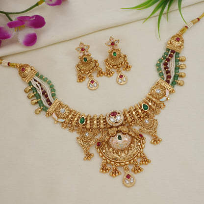 Heritage-Style Gold-Plated Brass Statement Necklace Set with Earrings