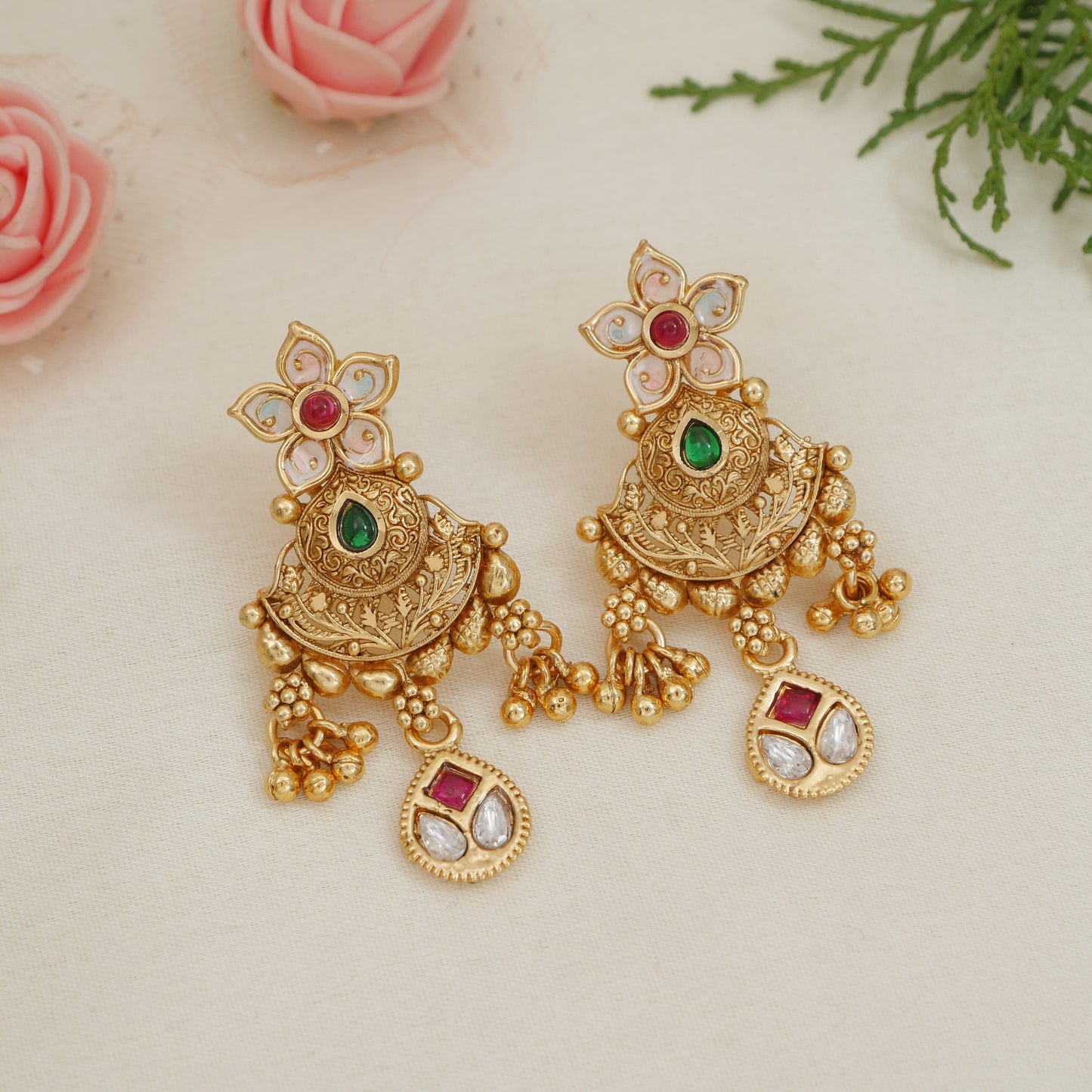 Heritage-Style Gold-Plated Brass Statement Necklace Set with Earrings