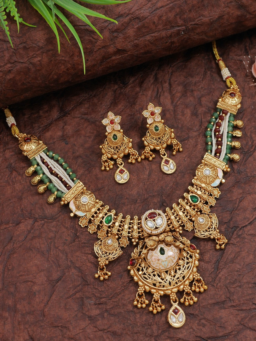 Heritage-Style Gold-Plated Brass Statement Necklace Set with Earrings