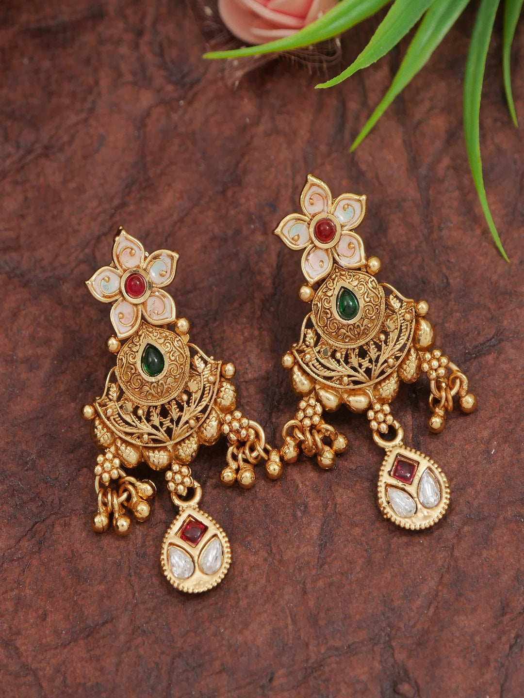 Heritage-Style Gold-Plated Brass Statement Necklace Set with Earrings