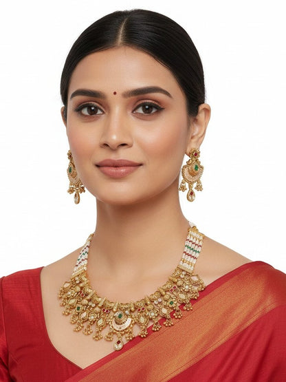 Gold-Plated Traditional Brass Necklace Set with Pearl Beads and Stone Earrings