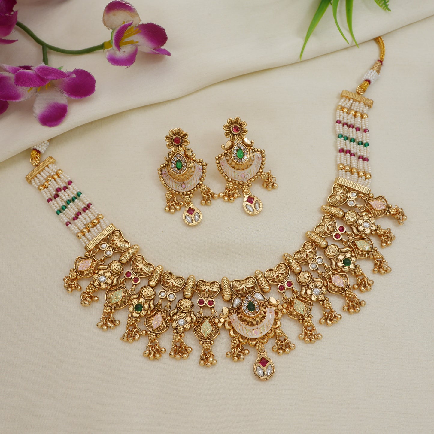 Gold-Plated Traditional Brass Necklace Set with Pearl Beads and Stone Earrings