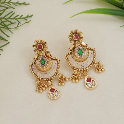 Gold-Plated Traditional Brass Necklace Set with Pearl Beads and Stone Earrings
