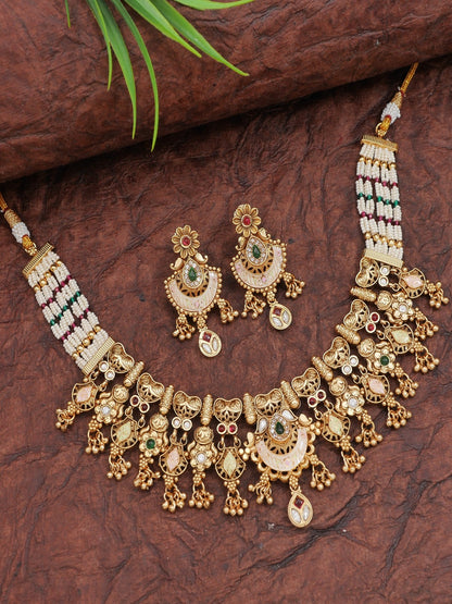 Gold-Plated Traditional Brass Necklace Set with Pearl Beads and Stone Earrings