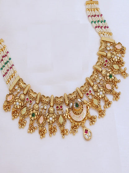 Gold-Plated Traditional Brass Necklace Set with Pearl Beads and Stone Earrings