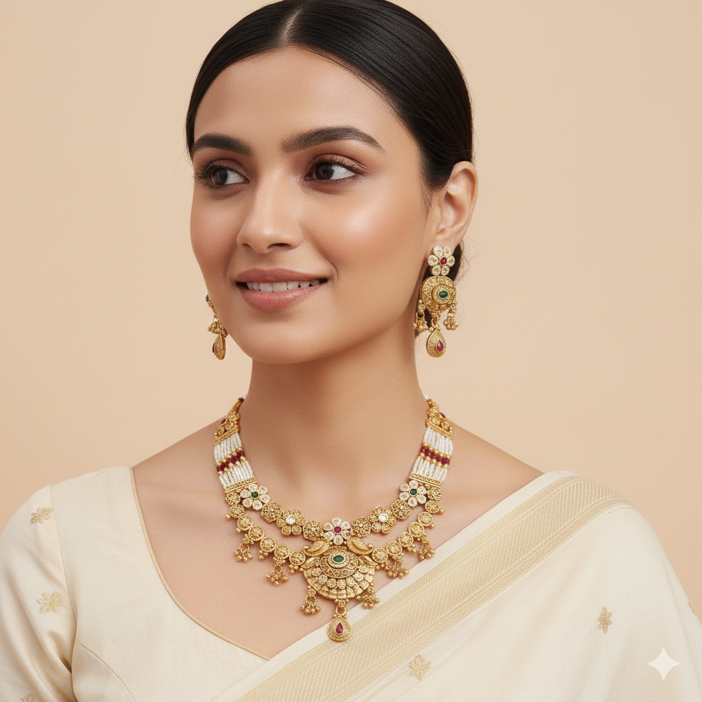 Gold-Plated Brass Necklace Set with Multicolour Stones, Pearl Beads and Earrings