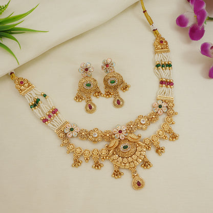 Gold-Plated Brass Necklace Set with Multicolour Stones, Pearl Beads and Earrings