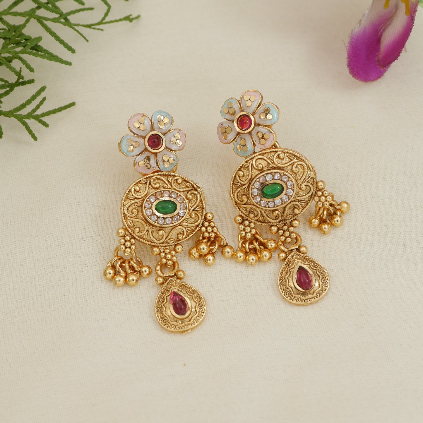 Gold-Plated Brass Necklace Set with Multicolour Stones, Pearl Beads and Earrings