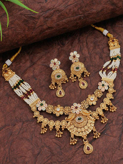 Gold-Plated Brass Necklace Set with Multicolour Stones, Pearl Beads and Earrings