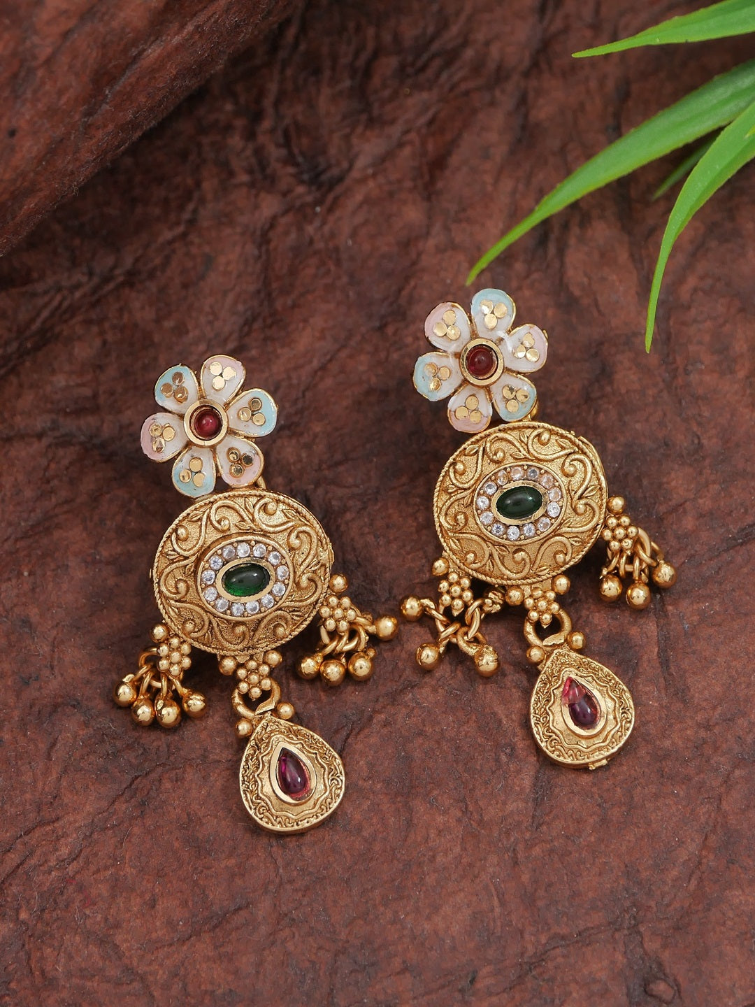 Gold-Plated Brass Necklace Set with Multicolour Stones, Pearl Beads and Earrings