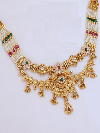 Gold-Plated Brass Necklace Set with Multicolour Stones, Pearl Beads and Earrings