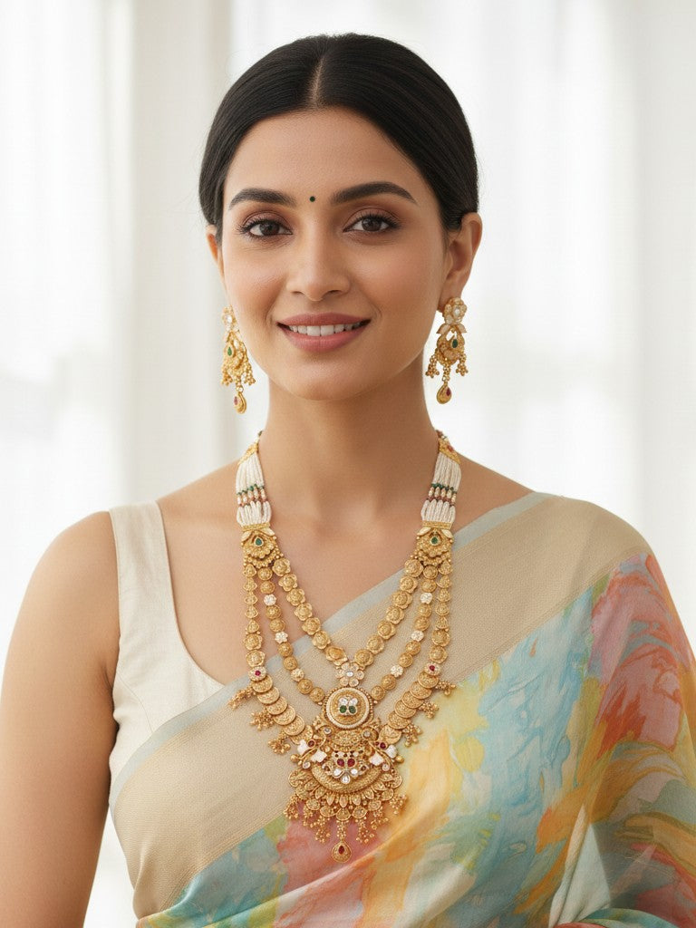 Royal Antique Finish Brass Rani Haar Long Necklace Set with Earrings