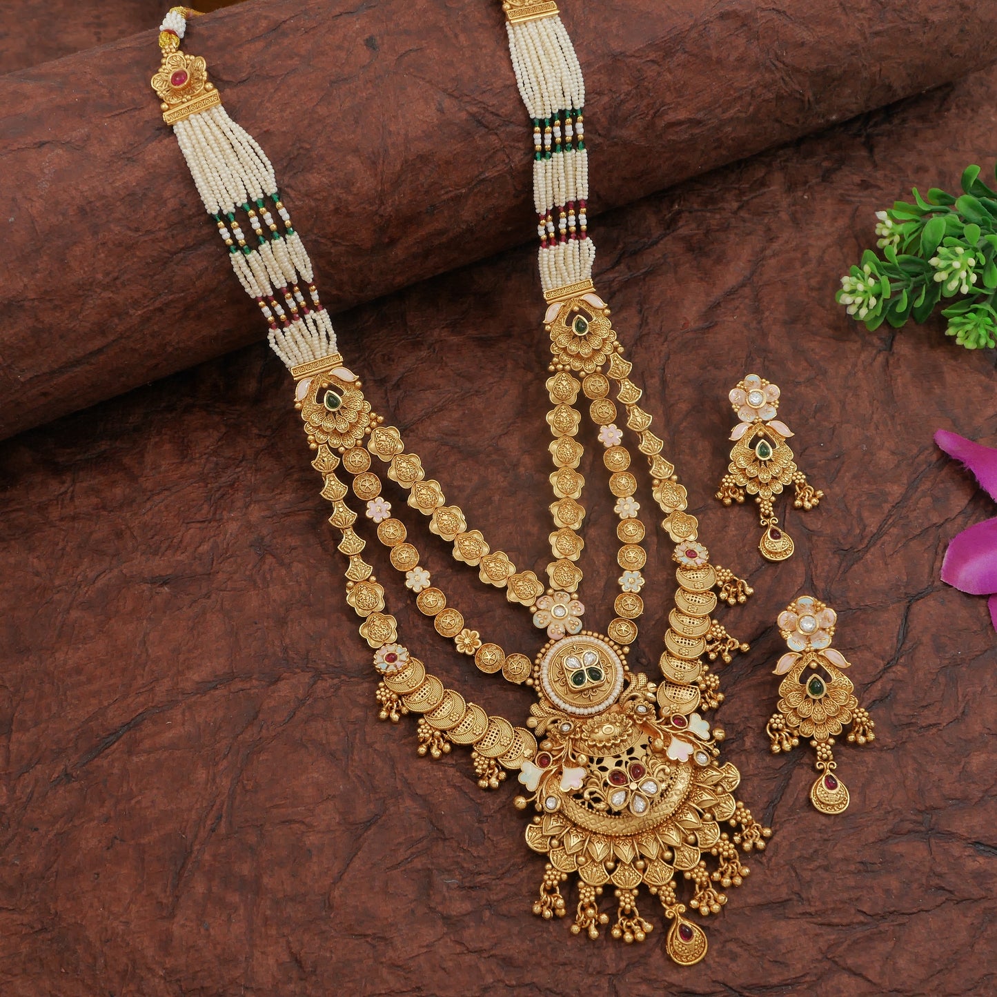 Royal Antique Finish Brass Rani Haar Long Necklace Set with Earrings