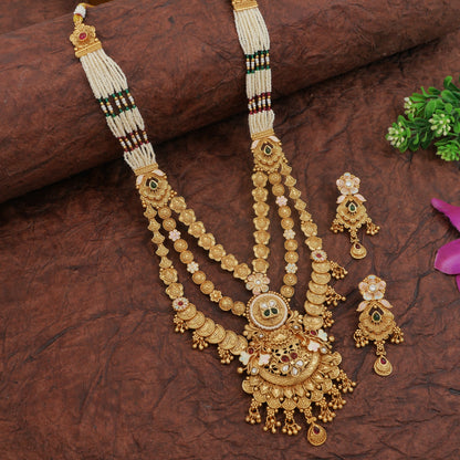 Royal Antique Finish Brass Rani Haar Long Necklace Set with Earrings
