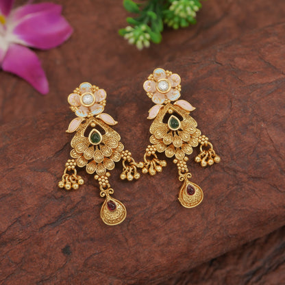Royal Antique Finish Brass Rani Haar Long Necklace Set with Earrings