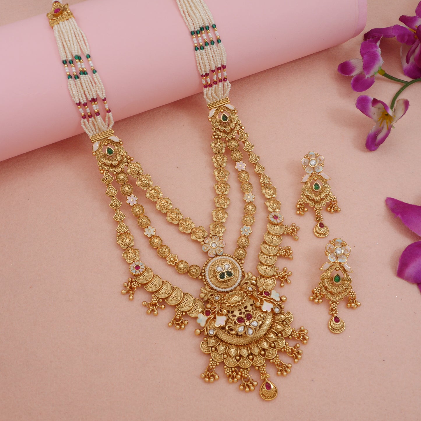Royal Antique Finish Brass Rani Haar Long Necklace Set with Earrings