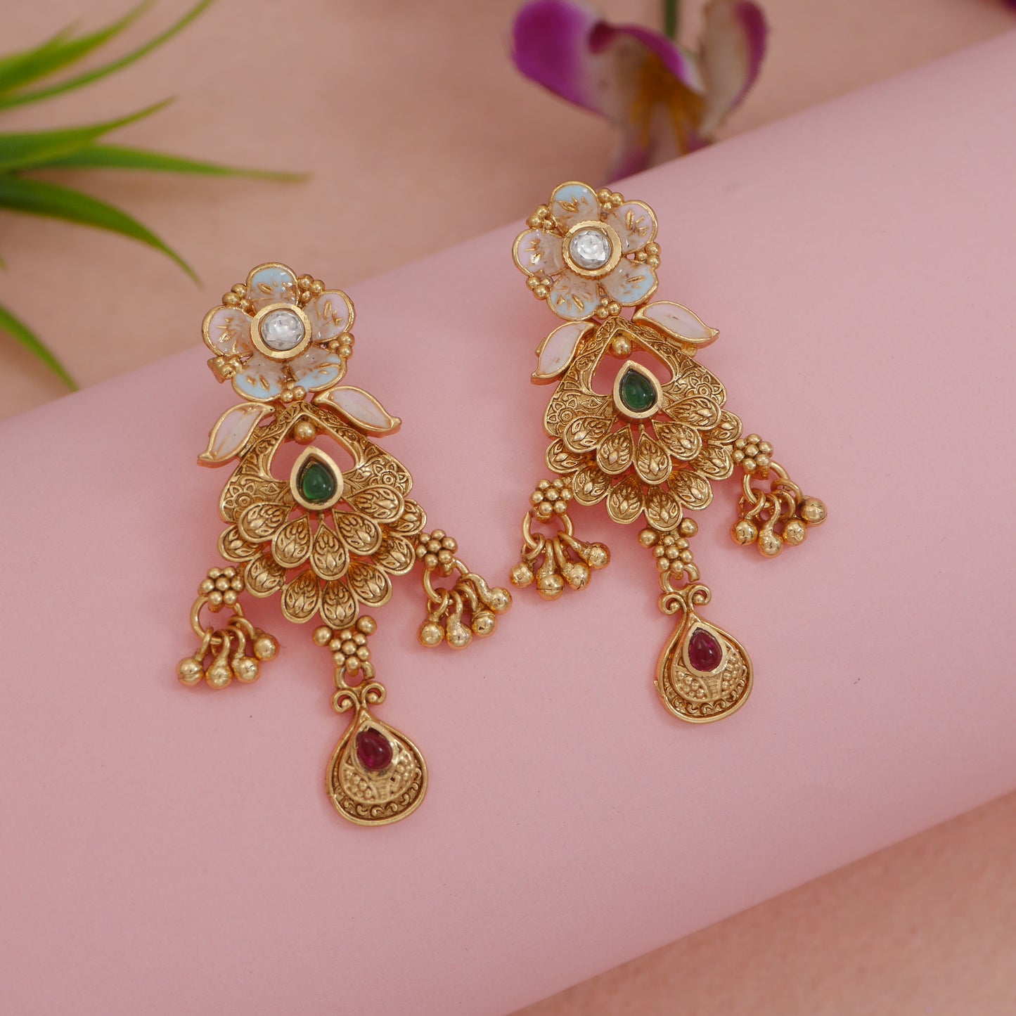 Royal Antique Finish Brass Rani Haar Long Necklace Set with Earrings