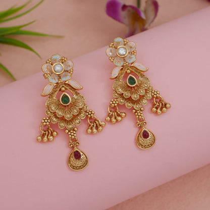Royal Antique Finish Brass Rani Haar Long Necklace Set with Earrings