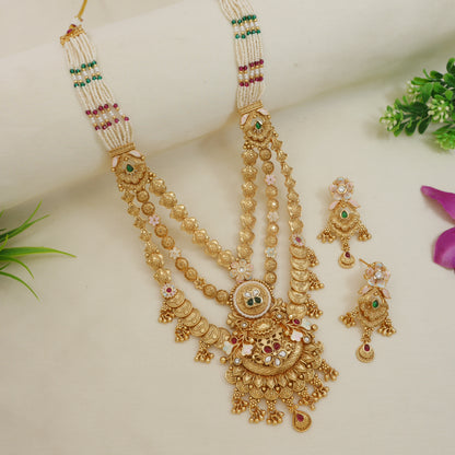 Royal Antique Finish Brass Rani Haar Long Necklace Set with Earrings