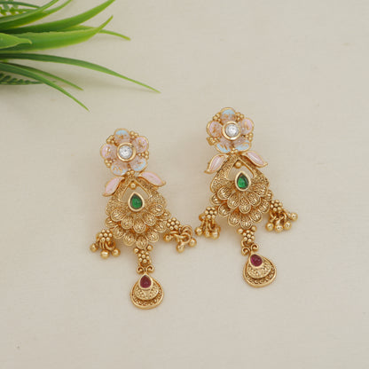 Royal Antique Finish Brass Rani Haar Long Necklace Set with Earrings