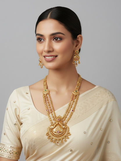 Orna Royal Antique Finish Brass Rani Haar Long Necklace Set with Earrings