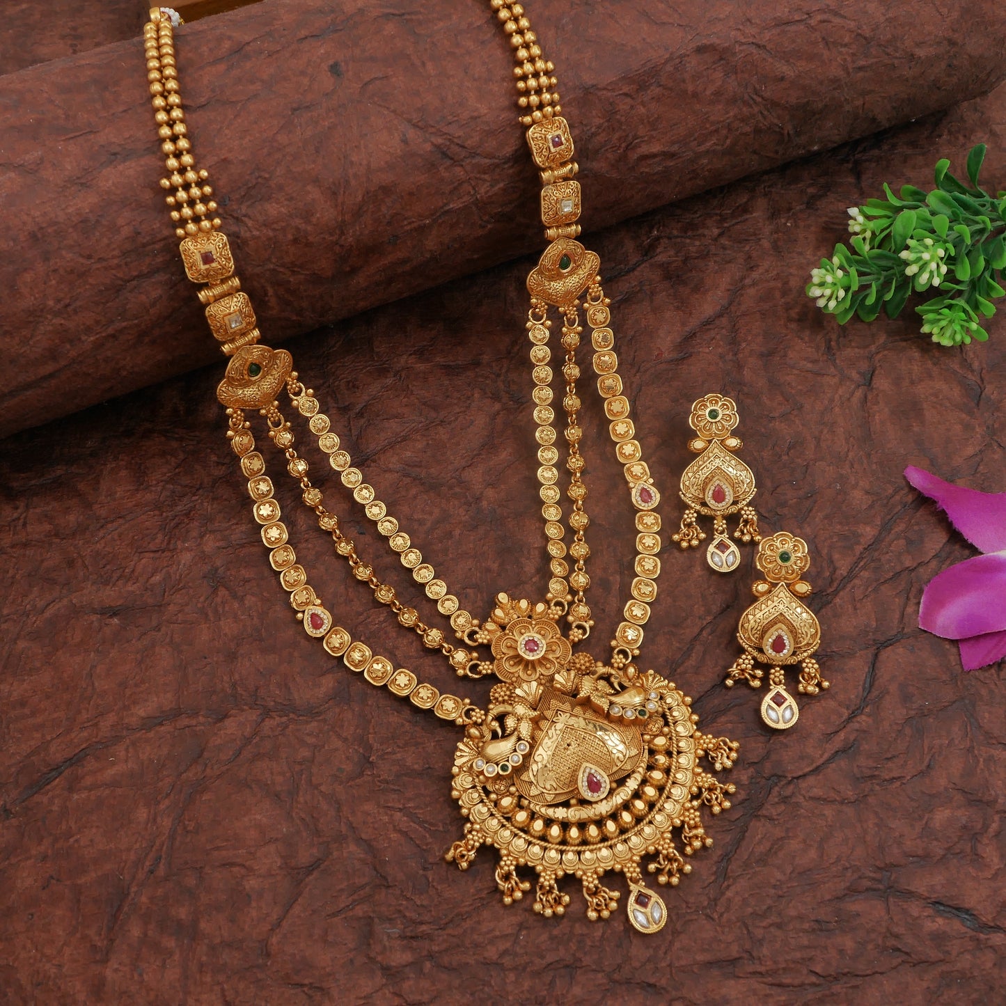 Orna Royal Antique Finish Brass Rani Haar Long Necklace Set with Earrings