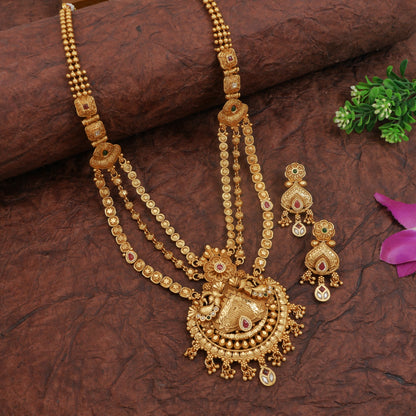 Orna Royal Antique Finish Brass Rani Haar Long Necklace Set with Earrings