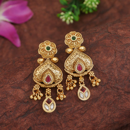 Orna Royal Antique Finish Brass Rani Haar Long Necklace Set with Earrings