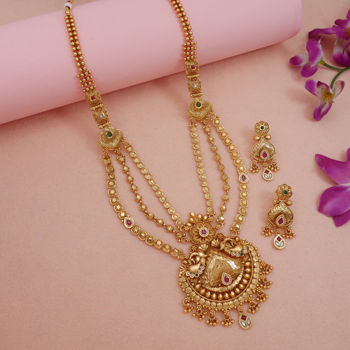 Orna Royal Antique Finish Brass Rani Haar Long Necklace Set with Earrings