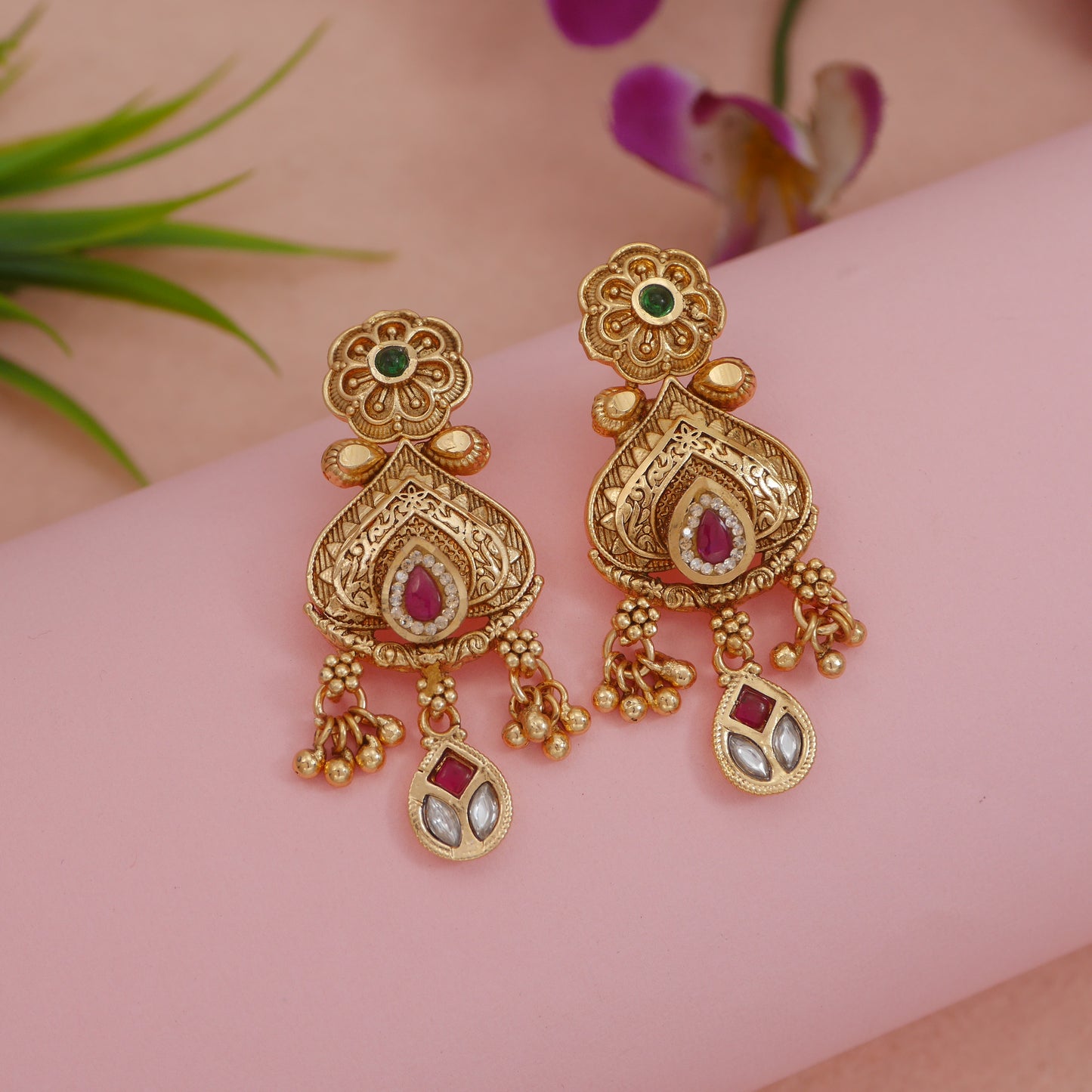 Orna Royal Antique Finish Brass Rani Haar Long Necklace Set with Earrings