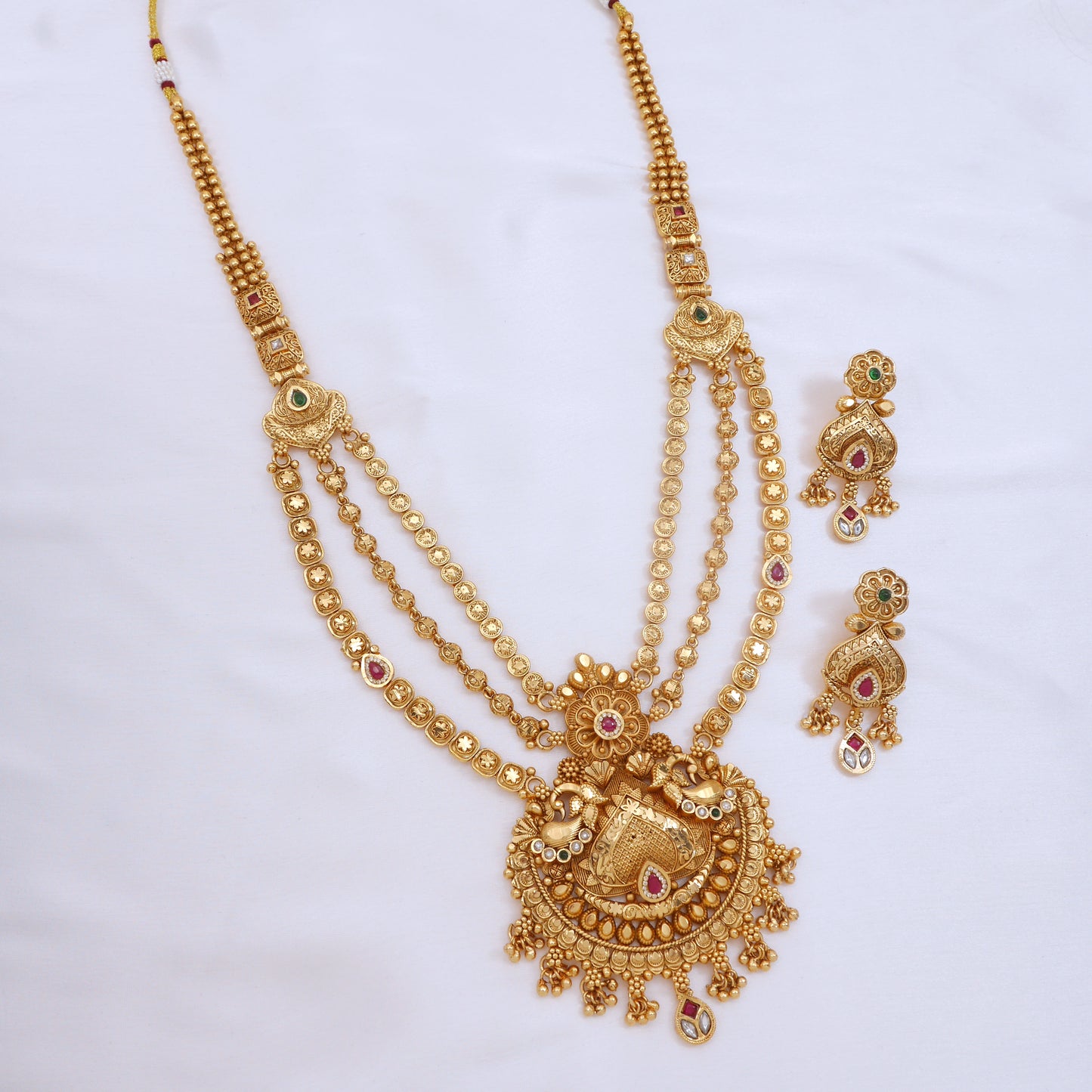 Orna Royal Antique Finish Brass Rani Haar Long Necklace Set with Earrings