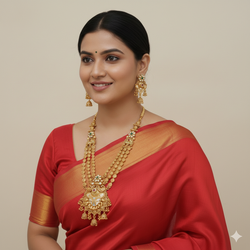 Traditional Royal Rani Haar Antique Brass Long Necklace & Earring Set