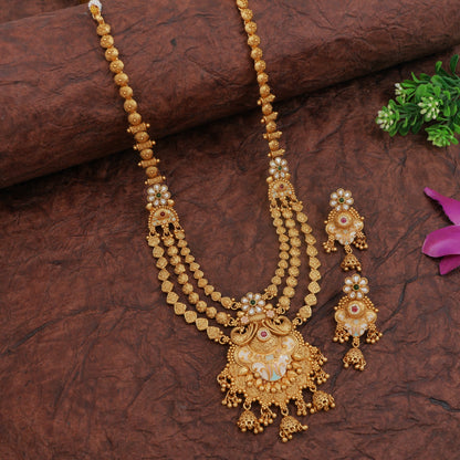 Traditional Royal Rani Haar Antique Brass Long Necklace & Earring Set