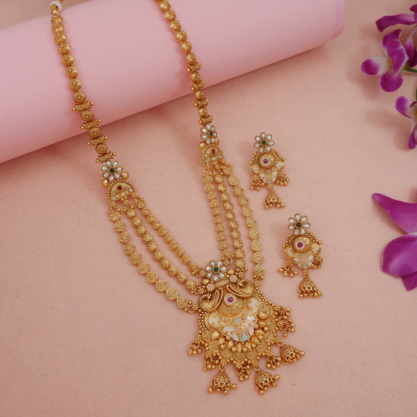 Traditional Royal Rani Haar Antique Brass Long Necklace & Earring Set