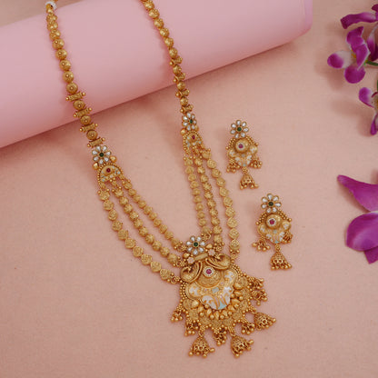 Traditional Royal Rani Haar Antique Brass Long Necklace & Earring Set